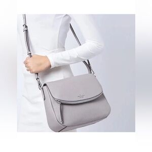 Kate Spade New York Jackson Gray Soft Pebbled Leather Medium Flap Shoulder bag